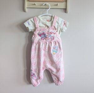 Cream Tee with Pink Embroidered Ice Cream Overalls Set